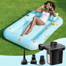 Inflatable Tanning Pool Float 70x46 with Pillow, 2 Cup Holders, Pump, Blue Daisy