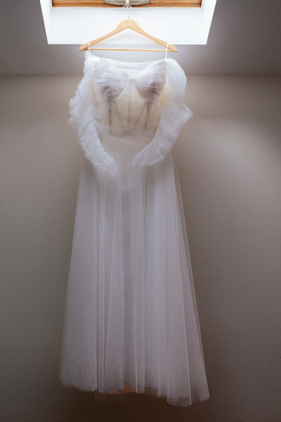 Wedding Dress, Corseted tulle off shoulder with removeable tulle cape  18-22 AU