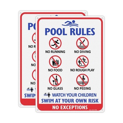 ''Pool Rules Sign Set  No Diving, No Glass, No Food, Swim at Your Own Risk  2