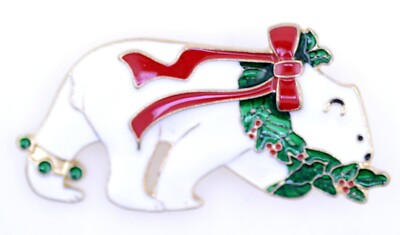 Festliche Emaille Eisbär Brosche / Anstecknadel, Xmas / Weihnachtsausrüstung
