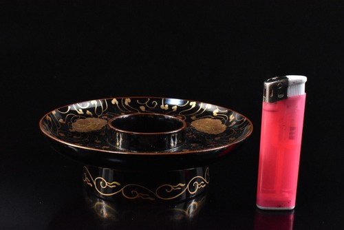F2242: Japanese Old Wooden Lacquer ware Flower gold TEABOWL STAND/tray Powdered - Picture 7 of 7