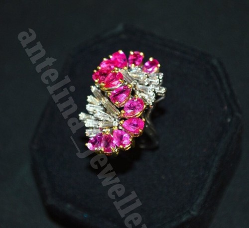 4 Ct Simulated Pear Cut Pink Ruby Women's Cocktail Ring 925 Silver Gold Plated - Picture 3 of 8