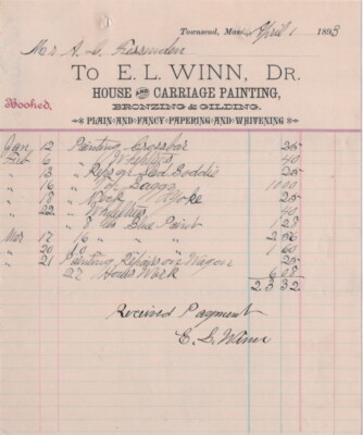 1893 E.L. WINN, DR. HOUSE & CARRIAGE PAINTING, BRONZING & GILDING TO FESSENDEN