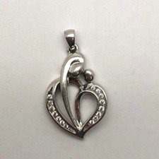 Sterling Silver 925 CZ Pave Mother Child Curved Family Halo Love Heart Pendant