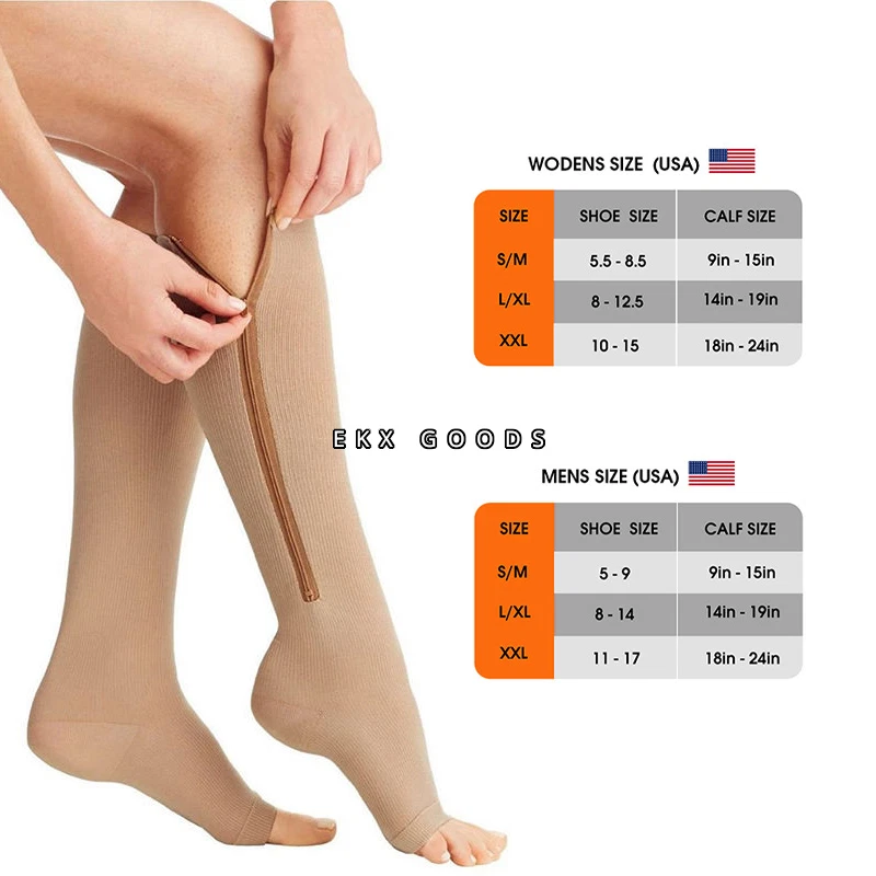 Zipper Open Toe Compression Socks 20-30mmHg Calf Leg Ankle Support Stocking - Image 3 of 4