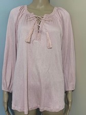 RALPH LAUREN CHAPS Womens L Dusty Pink Knit LACE UP PEASANT BLOUSE 3/4 Sleeve