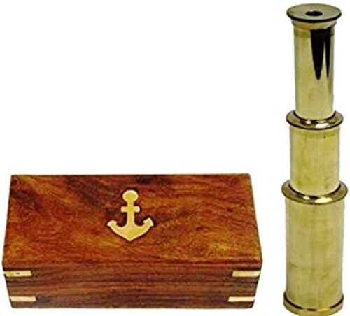 9" Handheld Brass Telescope Nautical Pirate Spy Glass with Anchor Wood Box Gift - Afbeelding 2 van 3