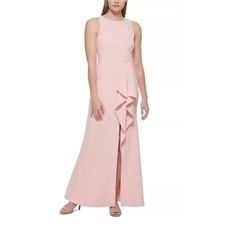 ELIZA J Sleeveless Draped Ruffle Detail Sleeveless Slit Long Gown Blush 14