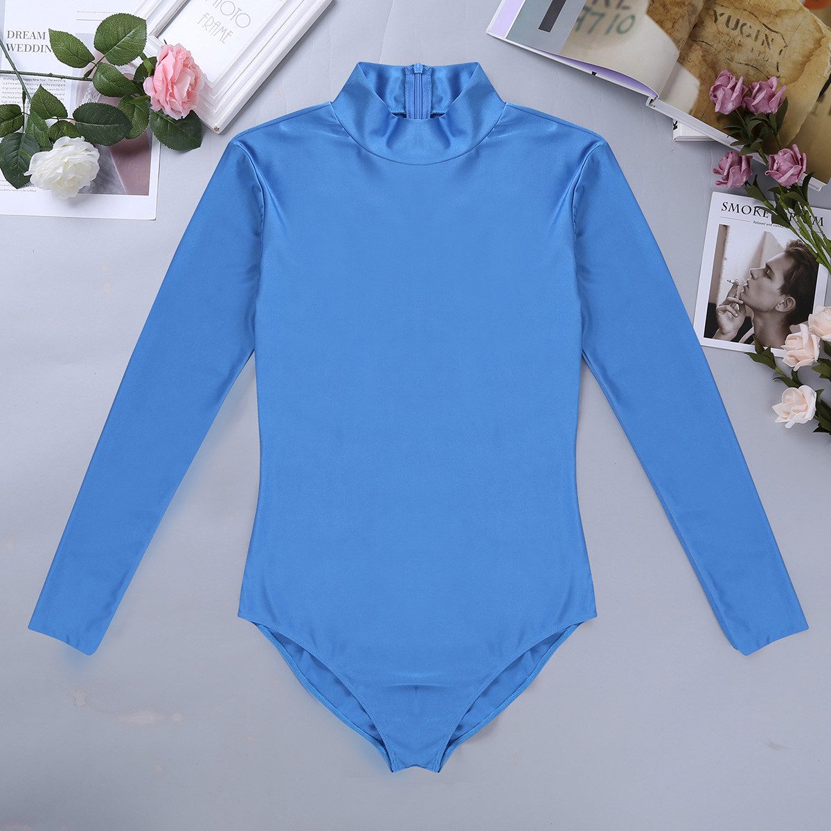 Mens Long Sleeve Bodysuit Stand Collar Jumpsuit Leotard Thong Tops Gym