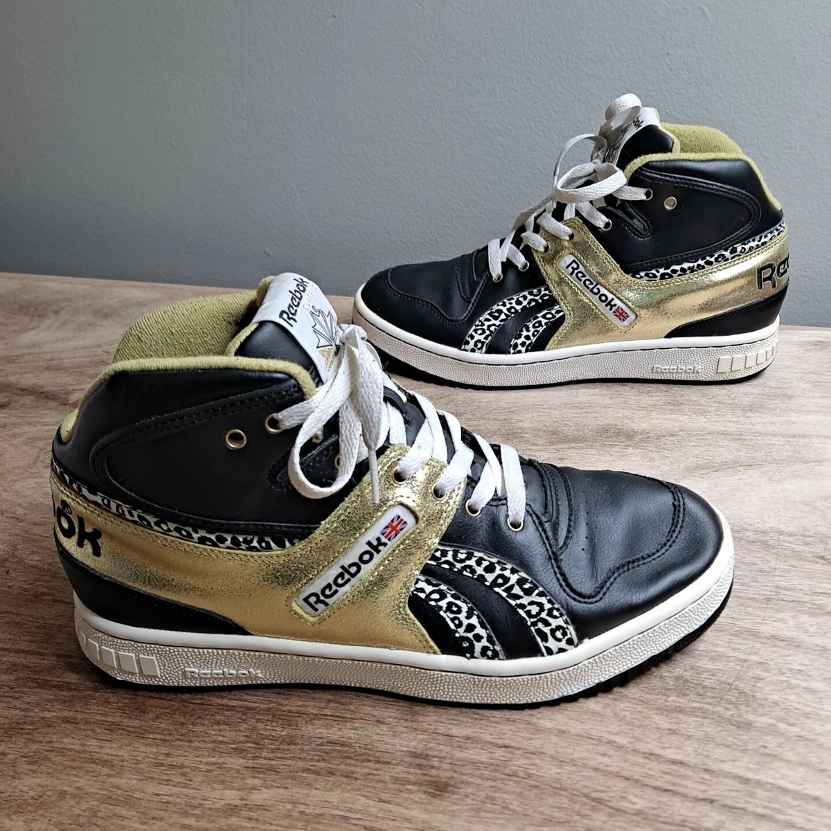 Reebok Pro Legacy Womens 8 Mid Top Black Gold Leopard Print