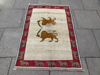 Vintage Traditional Hand Made Oriental Gabbe Wool White Rug 150x106 Animal Lion