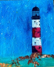 California Lighthouse Seascape: Original Impasto Oil Painting  Miniature Artwork