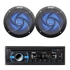 Pyle Marine CD Receiver, 2x 5.25" 180W Blue Flash LED Boat Speakers Black 