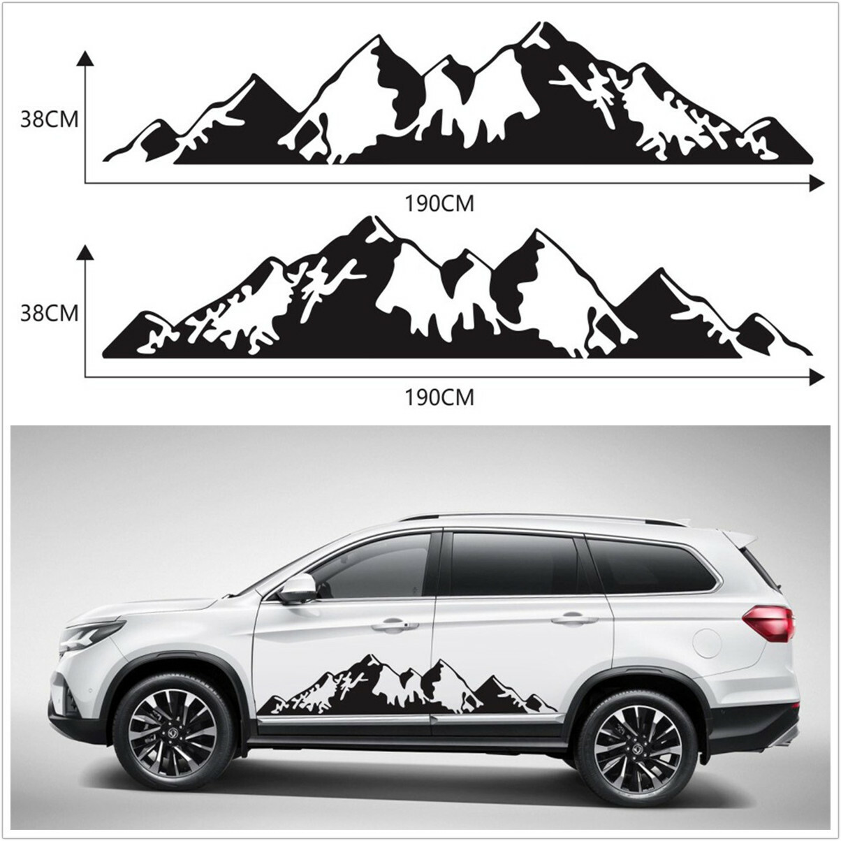 2Pcs Snow Mountain Range Stickers Car SUV Body Decal Graphics Black 190cmx38cm