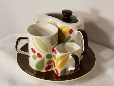 HUES N BREWS Colorful FLORAL TEAPOT CUP CREAMER AND TRAY HERMAN DODGE & SONS 