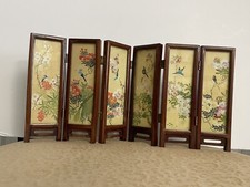 Antique Chinese 6 Panel Folding Miniature Screen Hand Painted On Silk