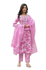 Viscose Embroidery Straight Floral Printed Kurta And Pant Set With Dupatta
