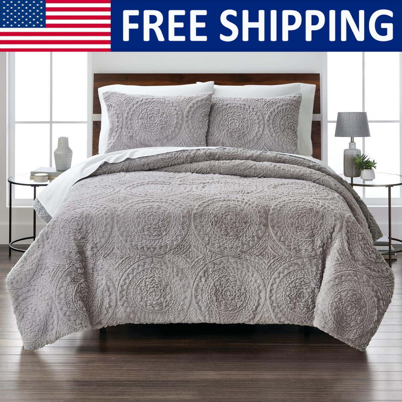 Comforter Set Full/Queen Size Faux Fur Machine Washable Breathable Bedroom 3 Pcs-image