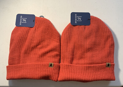 2-NWT GEORGE Rib Cuff Knit Beanie Hats  OSFA Orange FLEECE LINED Warm Hats  