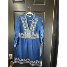 Boden Tunic Dress Size 10 Blue Linen Embroidered Floral Split Neck Casual Party