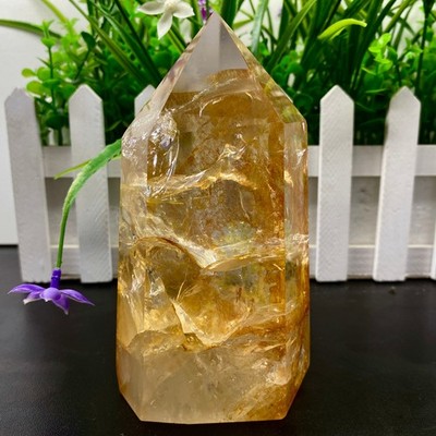 1.65LB TOP Natural Rainbow Yellow Gum flower Quartz Crystal Ornament+stand Reiki