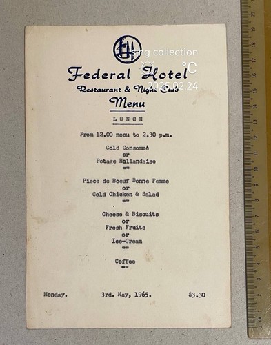 1965 Malaysia Kuala Lumpur Federal Hotel Restaurant & Night Club menu card - Picture 1 of 2