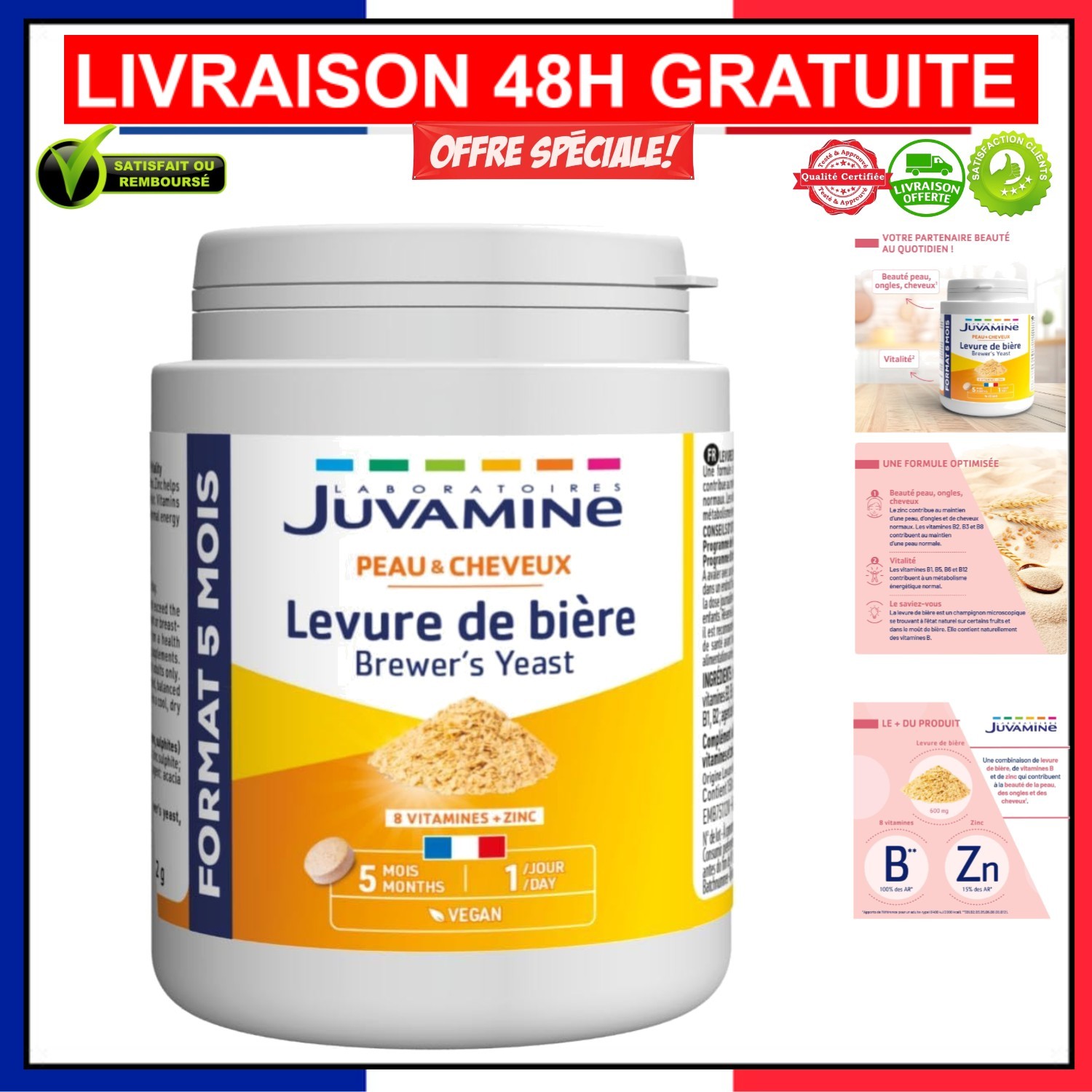 Levure de Bière JUVAMINE Routine Vitalité Matinale pour Peau Éclatante 150 Comprimés
