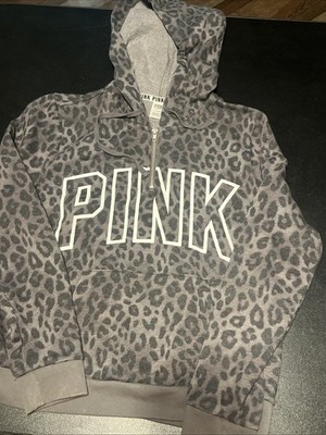 PINK By VICTORIA S SECRET RARE GRAY LEOPARD 1/4 ZIP HOODIE SZ Lg