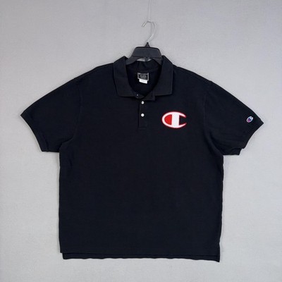 Champion Polo Shirt Mens 2XL Black Big C Logo Back Script Graphic Streetwear