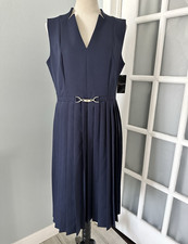 Tahari ASL Navy Solid Woven A-Line Midi Dress V-Neck Sleeveless 10 DAM978