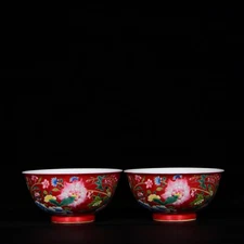 A Pair Collectable Art Handmade Painting Famille Rose Porcelain Flowers Bowl P10