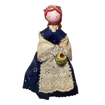 Vintage Folk Art Wooden Peg Doll Navy Blue Lace Apron Ceramic Pitcher 6 Inch