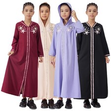 Islamic Kaftan Kids Girls Turkey Maxi Dress Hooded Embroidery Kaftan Ramadan New