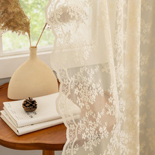 Vintage Lace Curtains 84 Inches Long-Retro Floral Beige Sheer Curtain Panels for