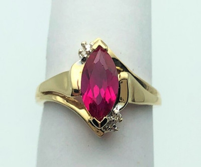 10k Gold Ring, Marquise Lab-Created Ruby, 0.01ctw Diamonds (Size 5.5) 2.7 gram