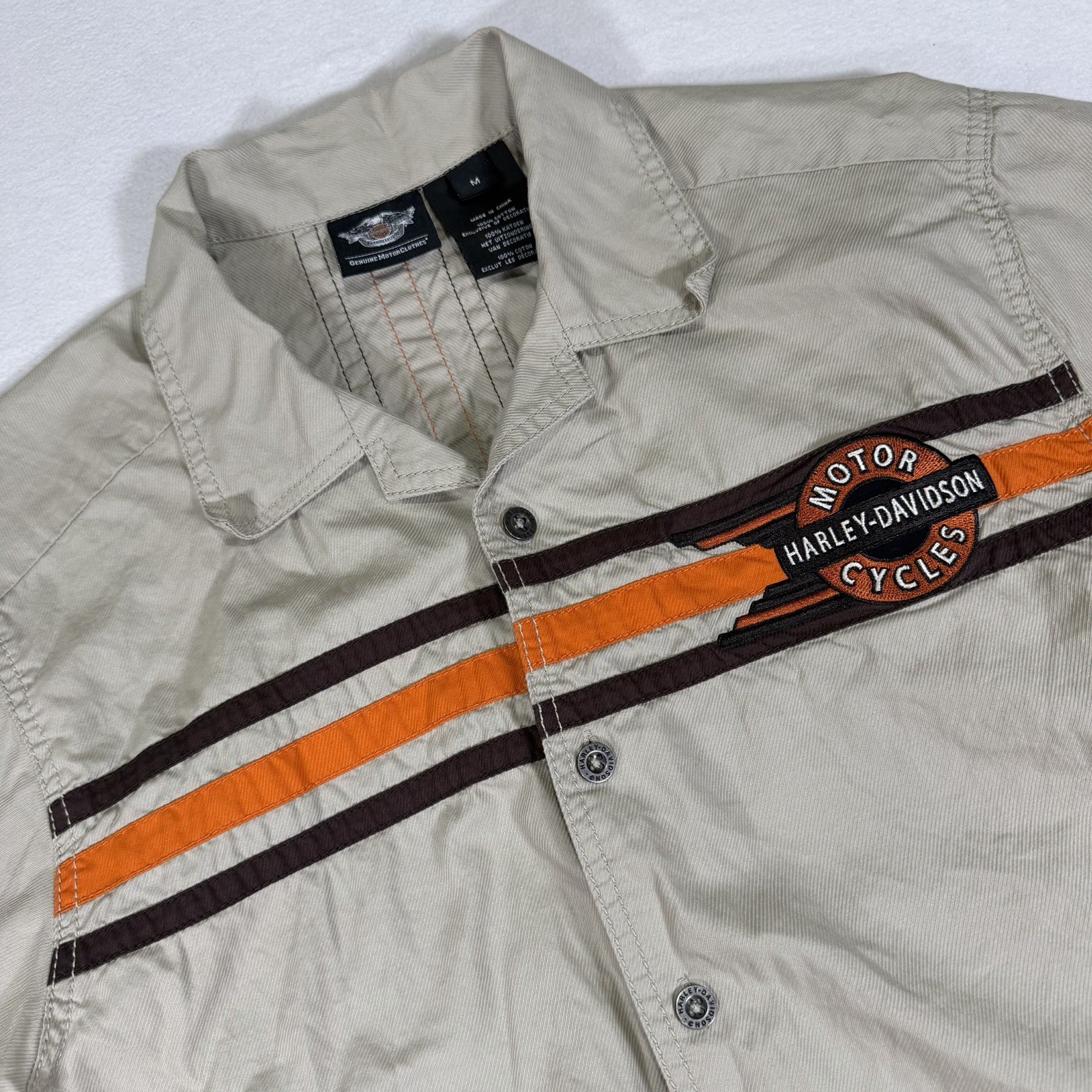 Harley Davidson Flying Wheel Logo Work Uniform Shirt Mens Medium Short Sleeve
