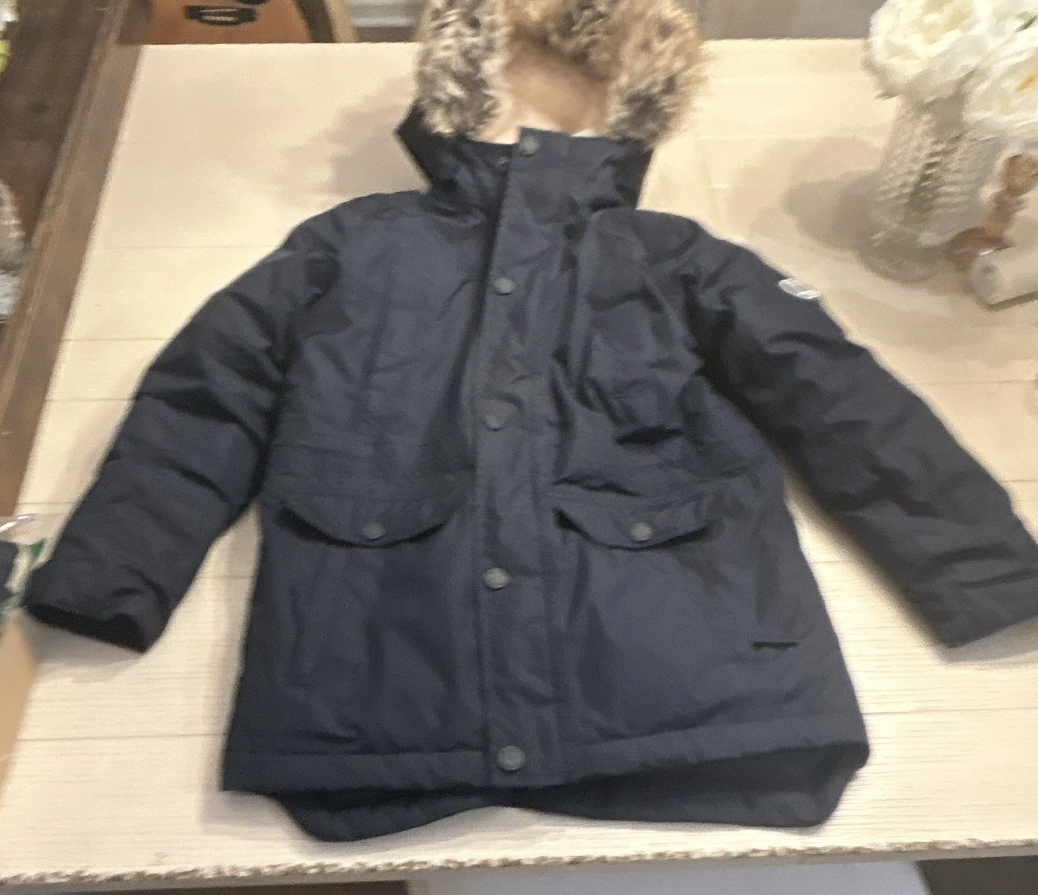 Lands' End Grow-A-Longs Boys Navy Hooded Parka Coat Full Zip Fleece Lined M