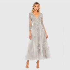 Mac Duggal NEW Midi Evening Gown 16 Silver/Grey Embroidered V Neck MOB MOG