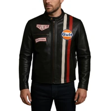 Steve Real MCQ Le Mans Racing Black Genuine Leather Gulf Jacket