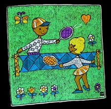 NWT 60s Hanky Artist Ritva Coffron TENNIS COUPLE Fisba