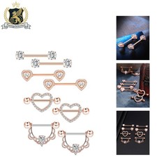 4 Pairs Adjustable Stainless Steel Nipple Rings with Heart-Shaped CZ - Rose Gold