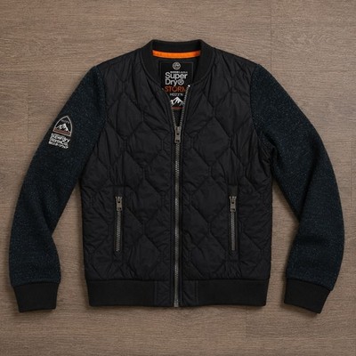 Superdry Storm Co Quilted Bomber Jacket Knit Sleeve Black Blue Mens M Zip Hybrid