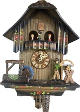 German Animated Woodsman Musical Cuckoo Clock With Dancers / Water Wheel.