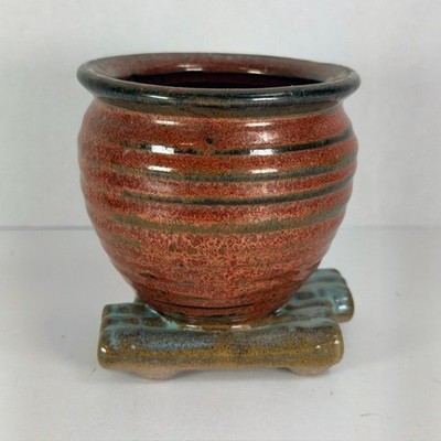 Unique Handmade Studio Pottery Footed Vase Pot Rustic Glaze Folk Art Style 3.5in