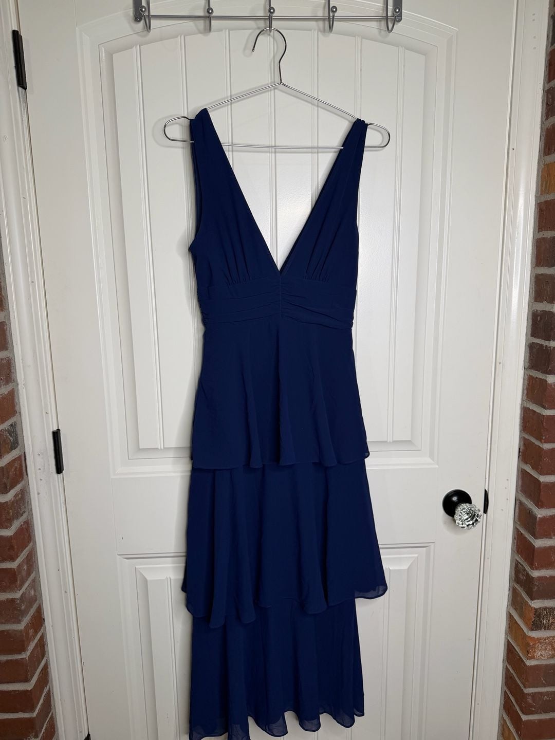Lulus Navy Blue Tiered Maxi Dress Size XS V-Neck Chiffon Ruffle Slit new without, photo 3