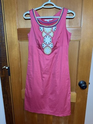 Boden Pink Shift Dress Sleeveless Beaded Embroidered WH356 Boho Retro Resortwear