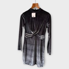 Topshop Grey Dress 10 Bodycon Velour Mini Draped Long Sleeve Dark Romantic NEW