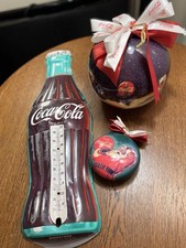 Vintage Coca-Cola Lot &ndash; Metal Bottle Thermometer, Large Holiday Ornament, A7
