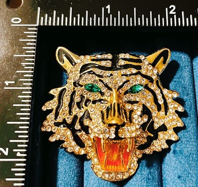 Tiger Head Brooch Pin Heavywork Rhinestone Crystal Green Eye Big Cat Statement