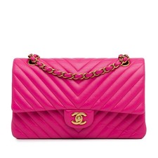 Authenticated Chanel Medium Chevron Lambskin Double Flap Hot Pink Leather